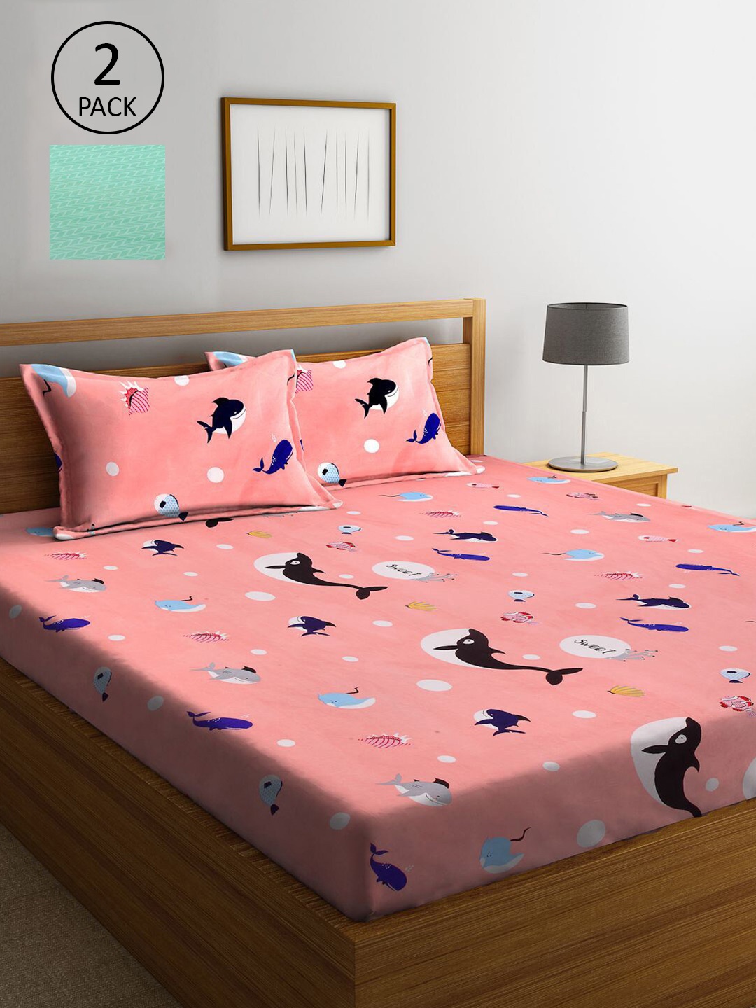 

KLOTTHE Peach-Coloured & Green Graphic 210 TC 2 King Bedsheet with 4 Pillow Covers
