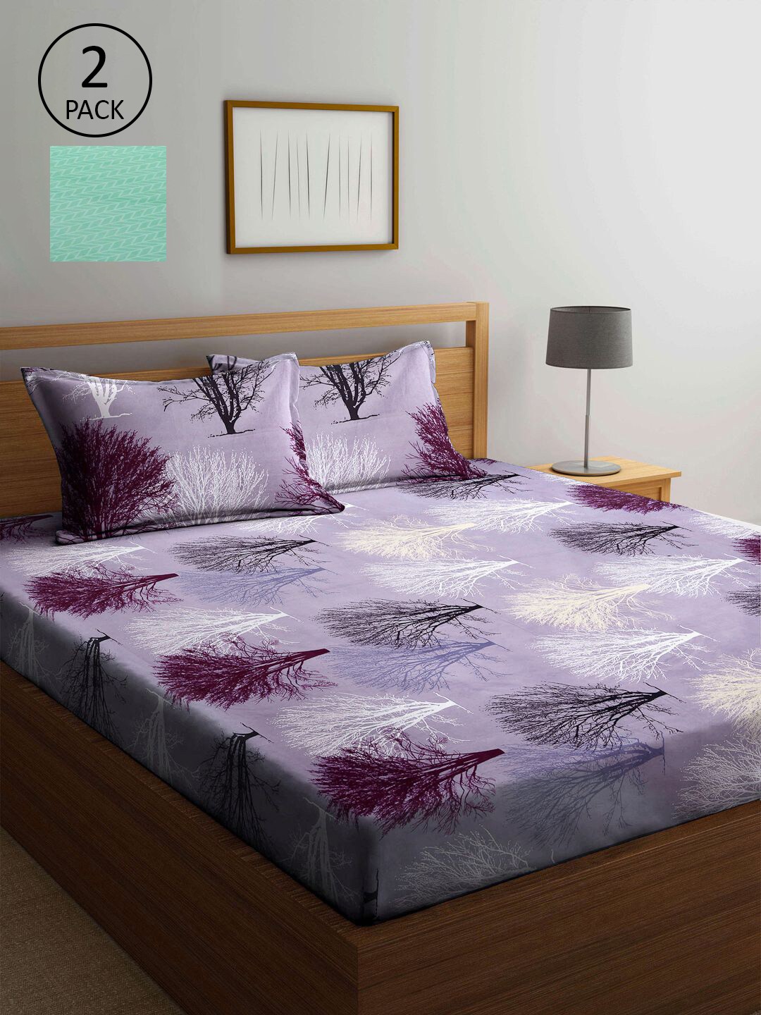 

KLOTTHE Purple & Green Floral 210 TC 2 King Bedsheet with 4 Pillow Covers