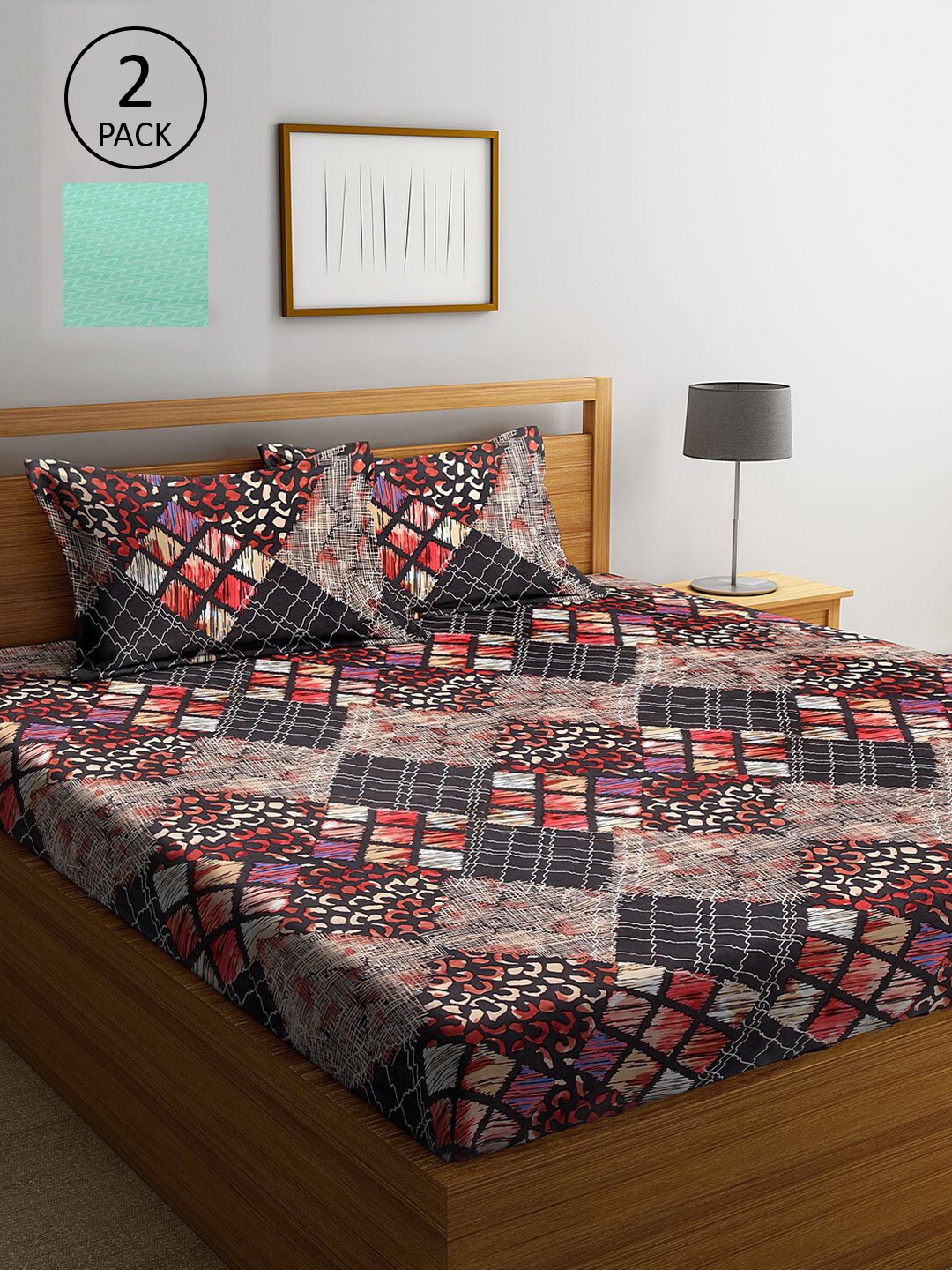 

KLOTTHE Brown & Sea Green Geometric 210 TC 2 King Bedsheet with 4 Pillow Covers