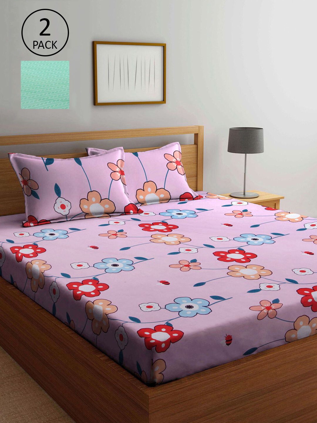 

KLOTTHE Green & Pink Floral 210 TC 2 King Bedsheet with 4 Pillow Covers