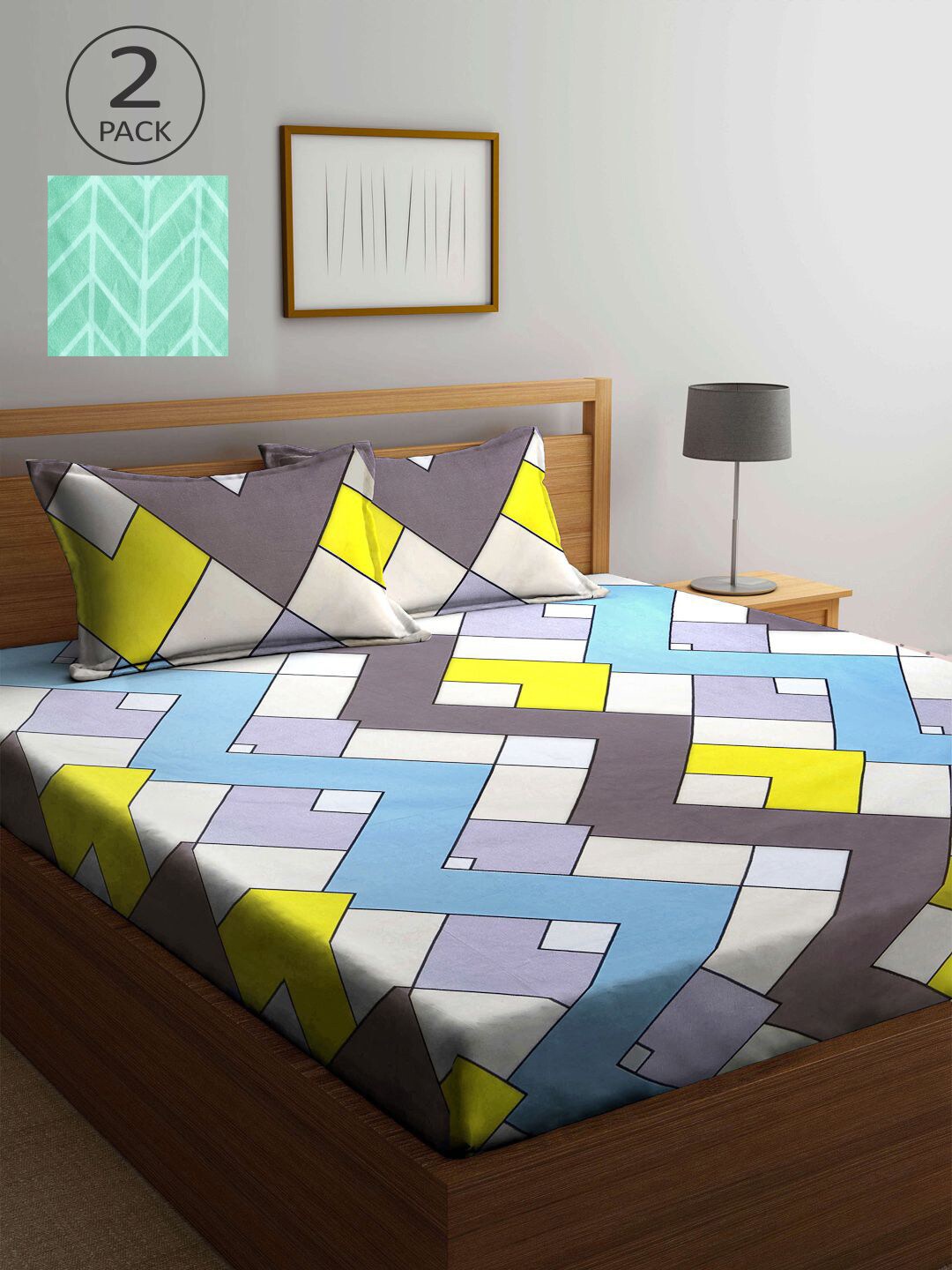 

KLOTTHE Green & Grey Geometric 210 TC 2 King Bedsheet with 4 Pillow Covers