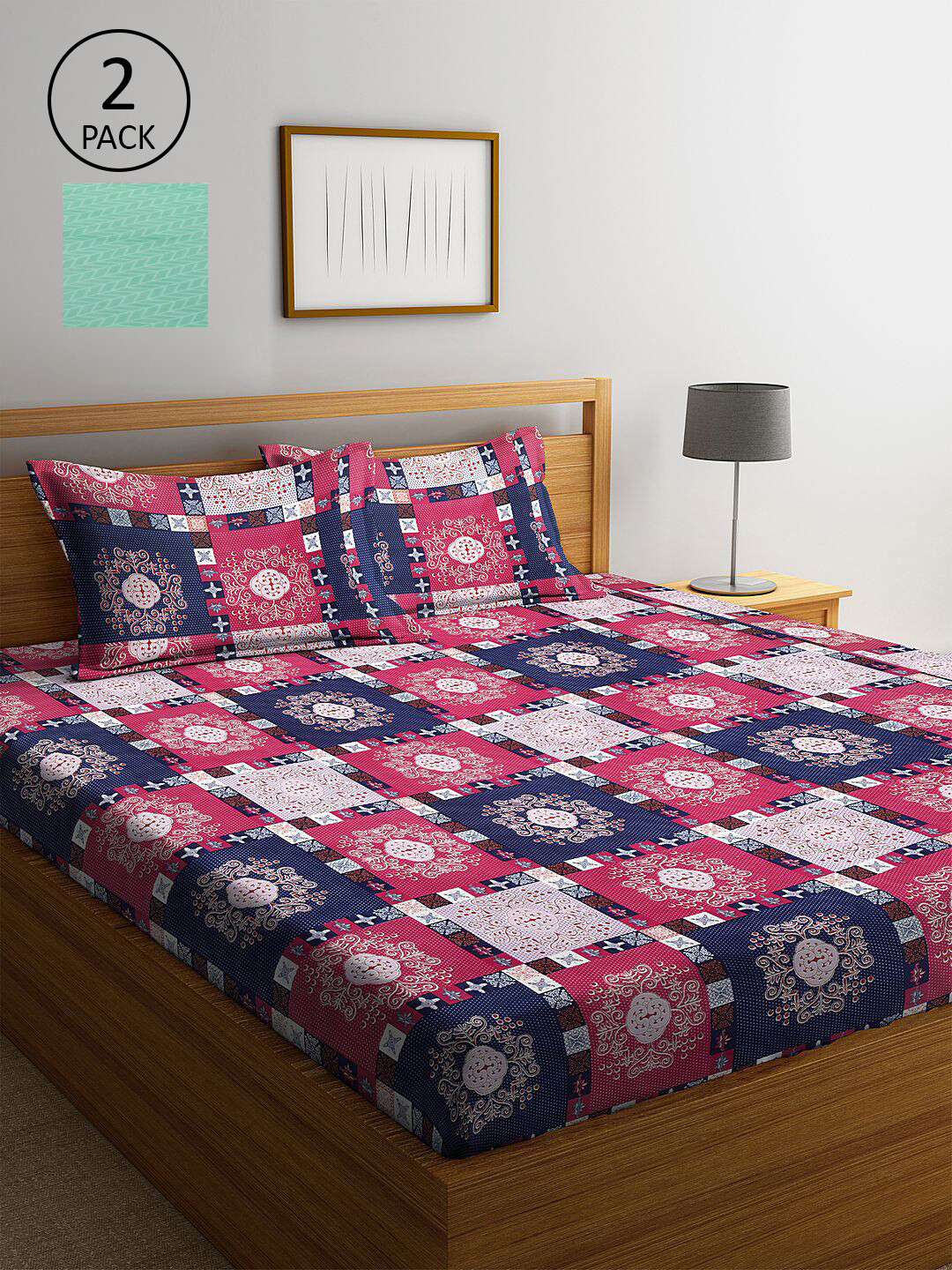 

KLOTTHE Maroon & Green Geometric 210 TC 2 King Bedsheet with 4 Pillow Covers, Multi