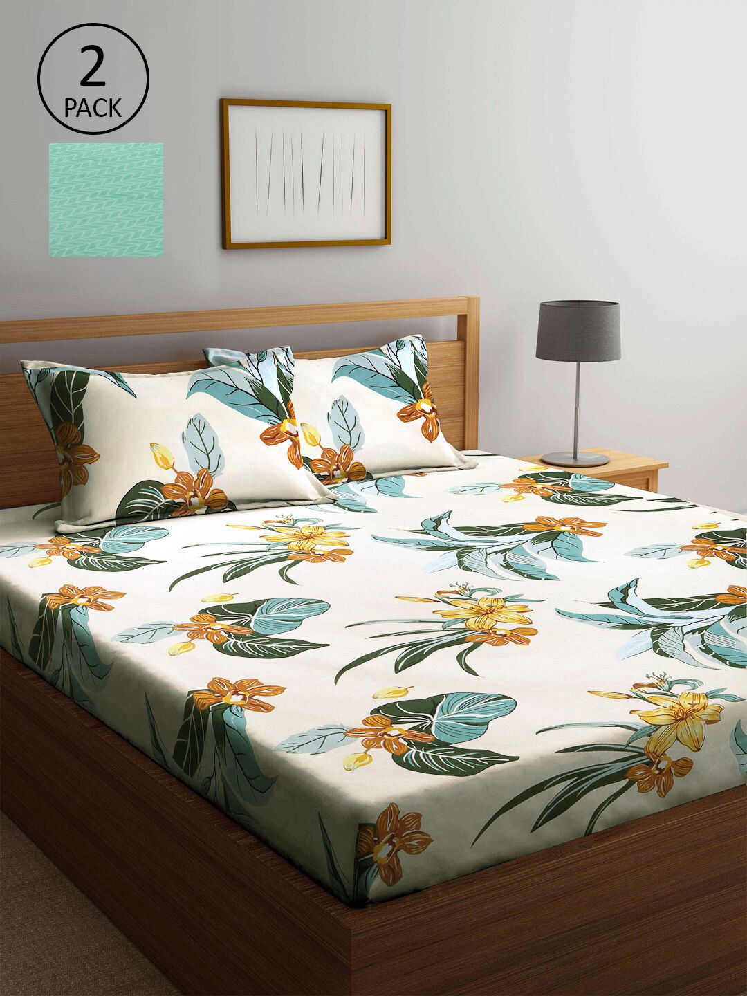

KLOTTHE White & Sea Green Floral 210 TC 2 King Bedsheet with 4 Pillow Covers