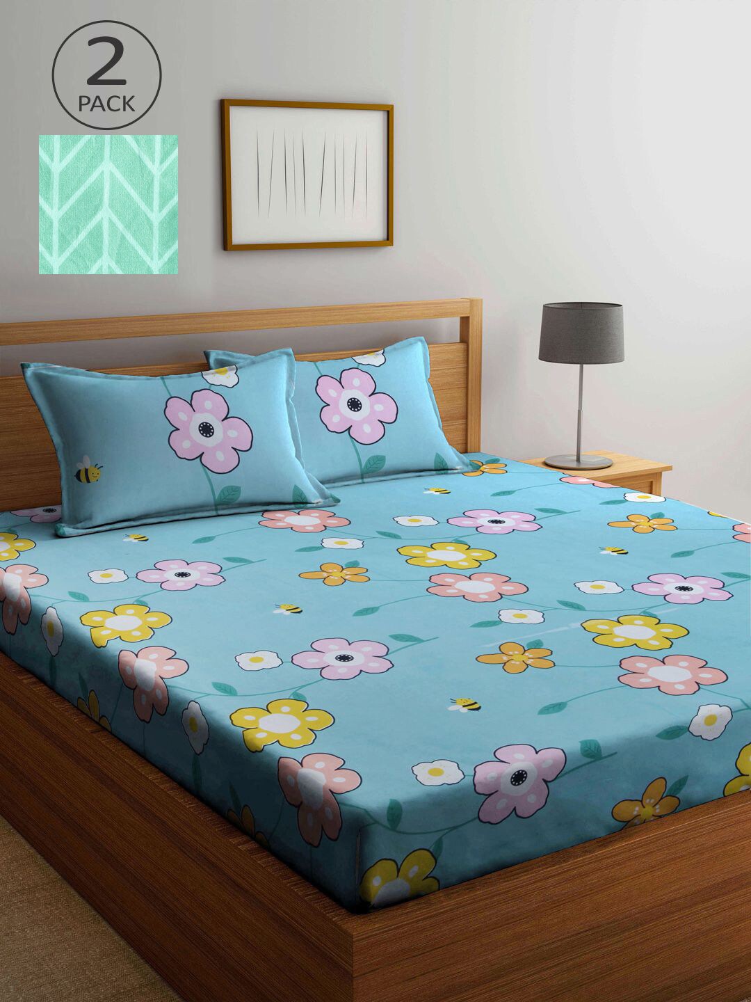 

KLOTTHE Turquoise Blue & Sea Green Floral 210 TC 2 King Bedsheet with 4 Pillow Covers