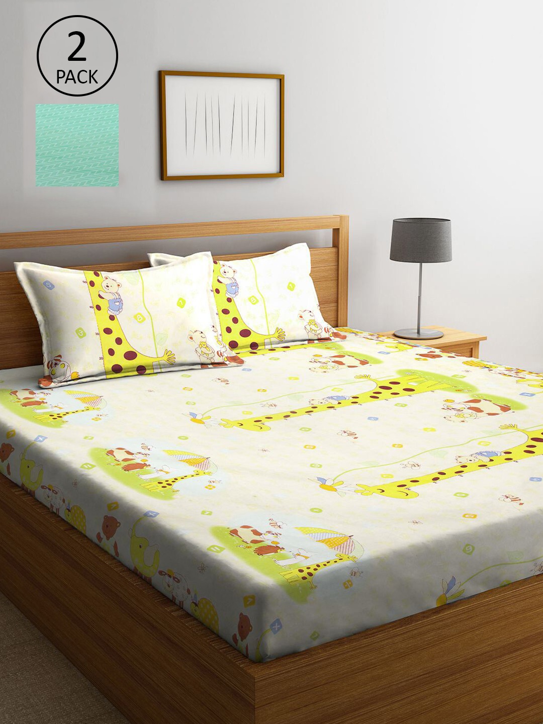 

KLOTTHE Beige & Sea Green Cartoon Characters 210 TC 2 King Bedsheet with 4 Pillow Covers, Cream