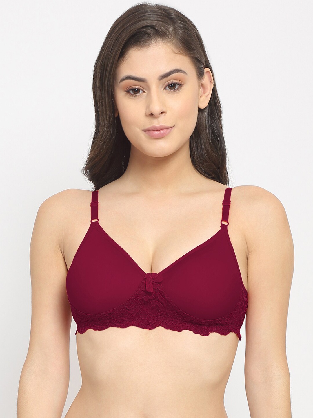 

Friskers Maroon Solid Lace Lightly-Padded Medium Coverage Push-Up Bra