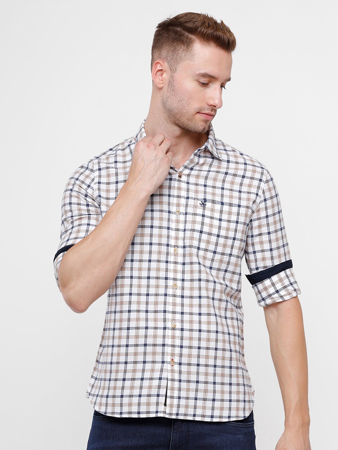

WROGN Men White Slim Fit Checked Pure Cotton Casual Shirt