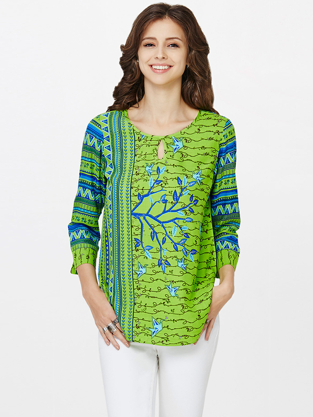 

Global Desi Women Green & Blue Printed Top