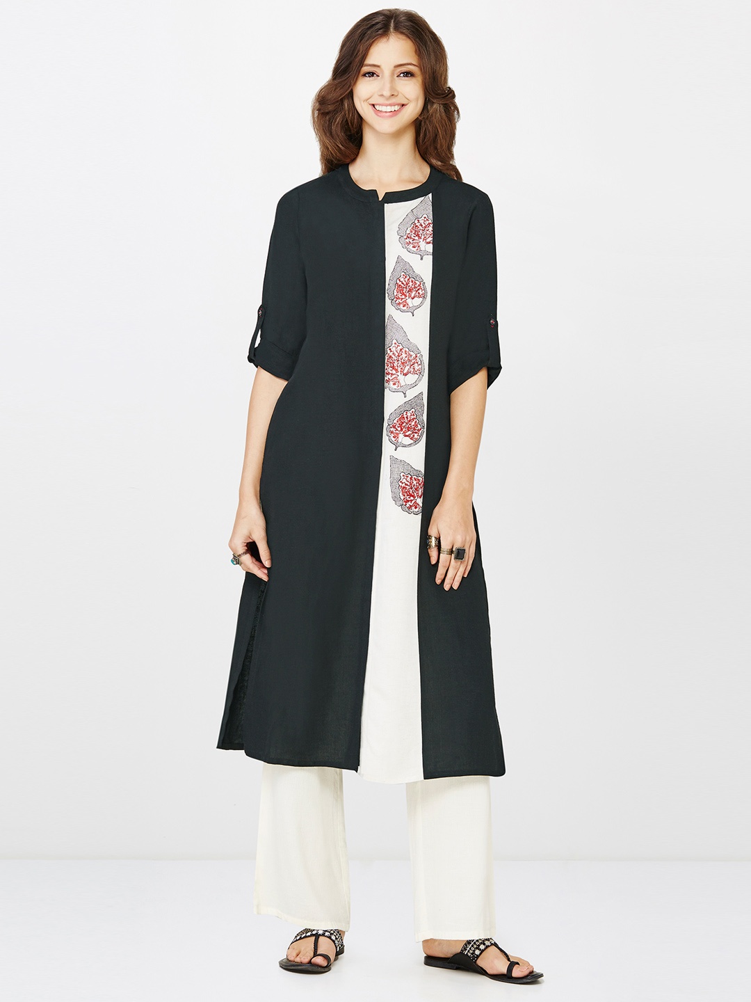 

Global Desi Women Black Embroidered Detail A-Line Kurta