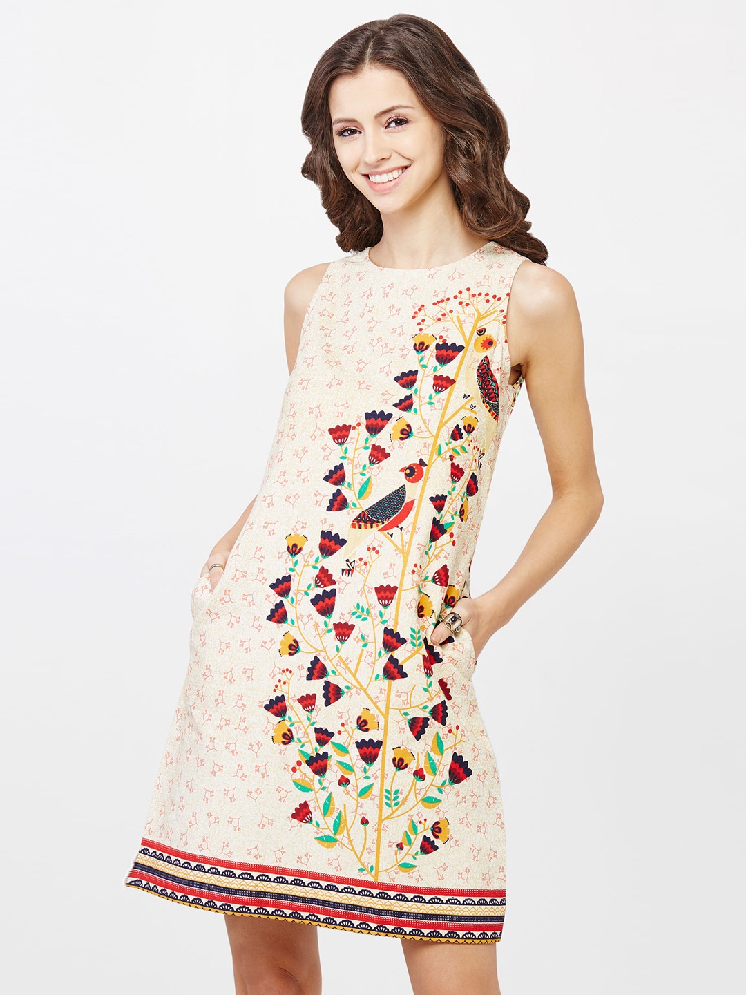 

Global Desi Women Off-White & Burgundy Printed A-Line Dress