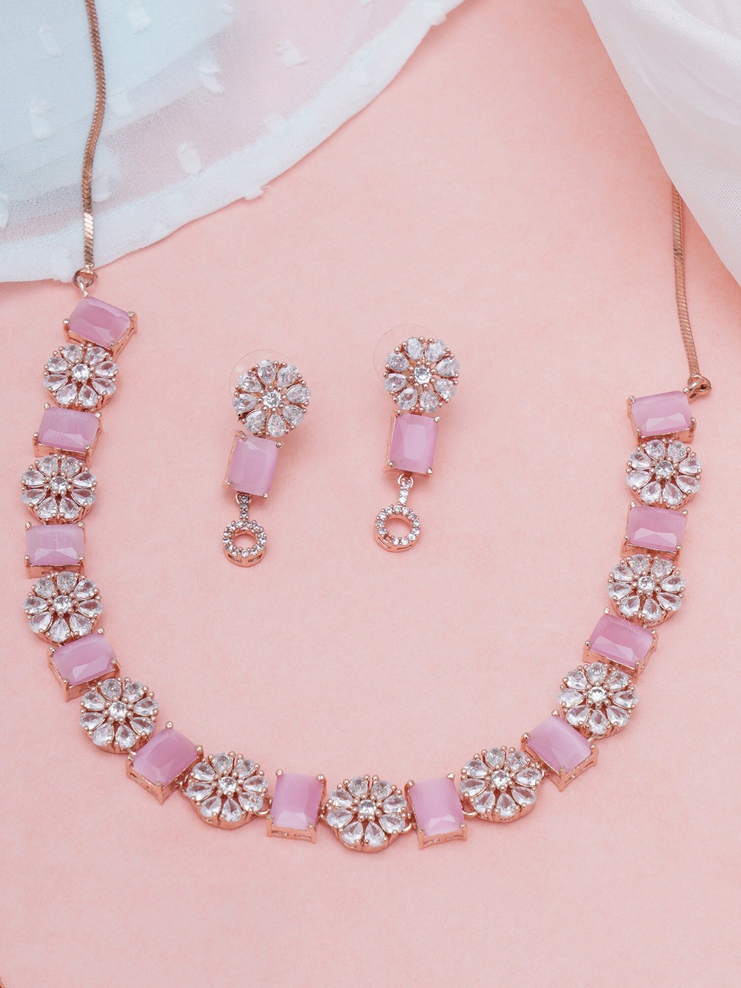 

KARATCART Pink Rose Gold-Plated American Diamond Studded Necklace Jewellery Set