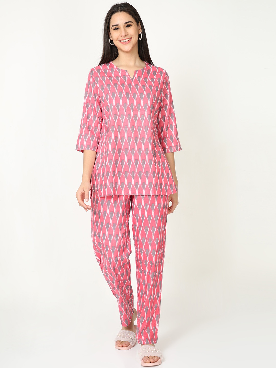 

9shines Label Women Pink & Grey Printed Night suit