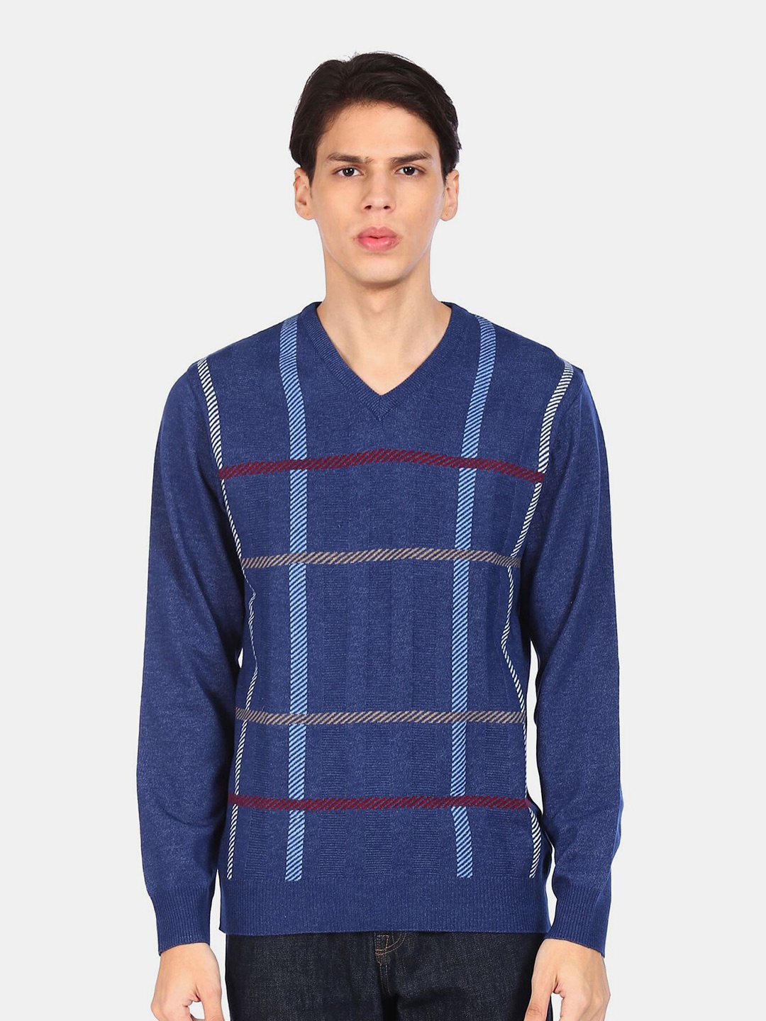 

Ruggers Men Blue Checked V-Neck Pullover Sweater