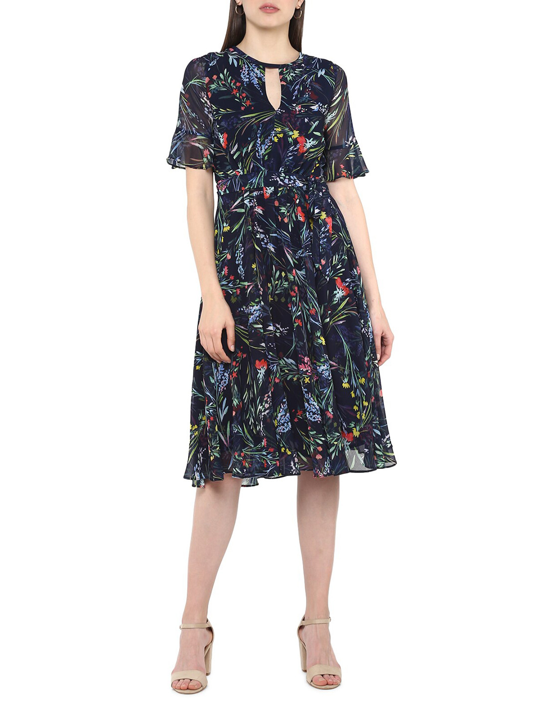 

Phase Eight Navy Blue Floral Keyhole Neck A-Line Midi Dress