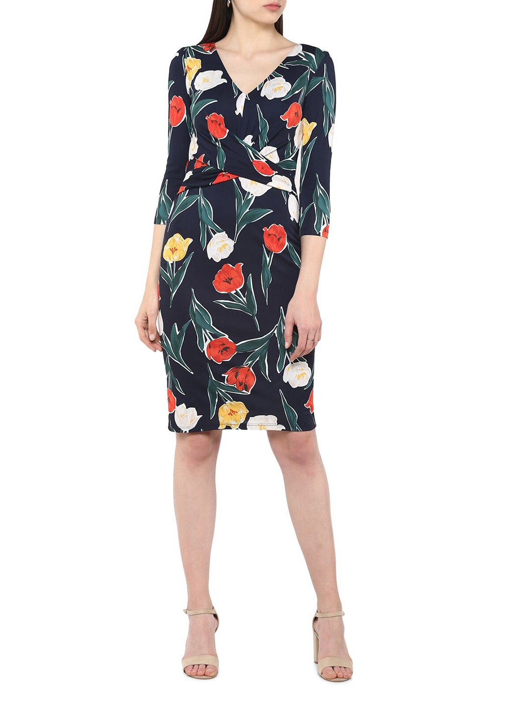 

Phase Eight Navy Blue & White Floral Printed Sheath Dress