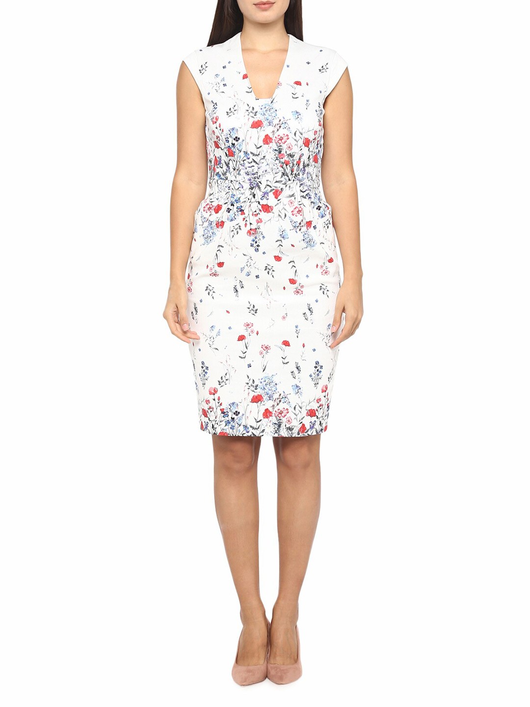 

Phase Eight Off White & Red Floral Printed Cotton Sheath Dress