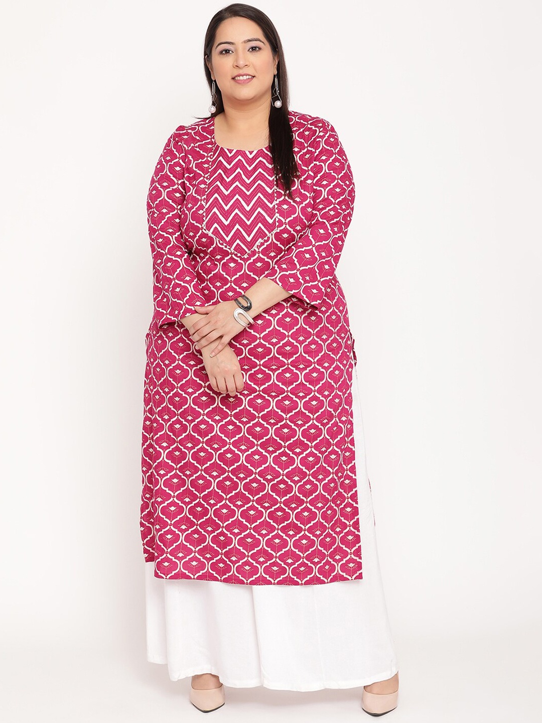 

Sringam Plus Size Women Pink Ethnic Motifs Printed Gotta Patti Kurta