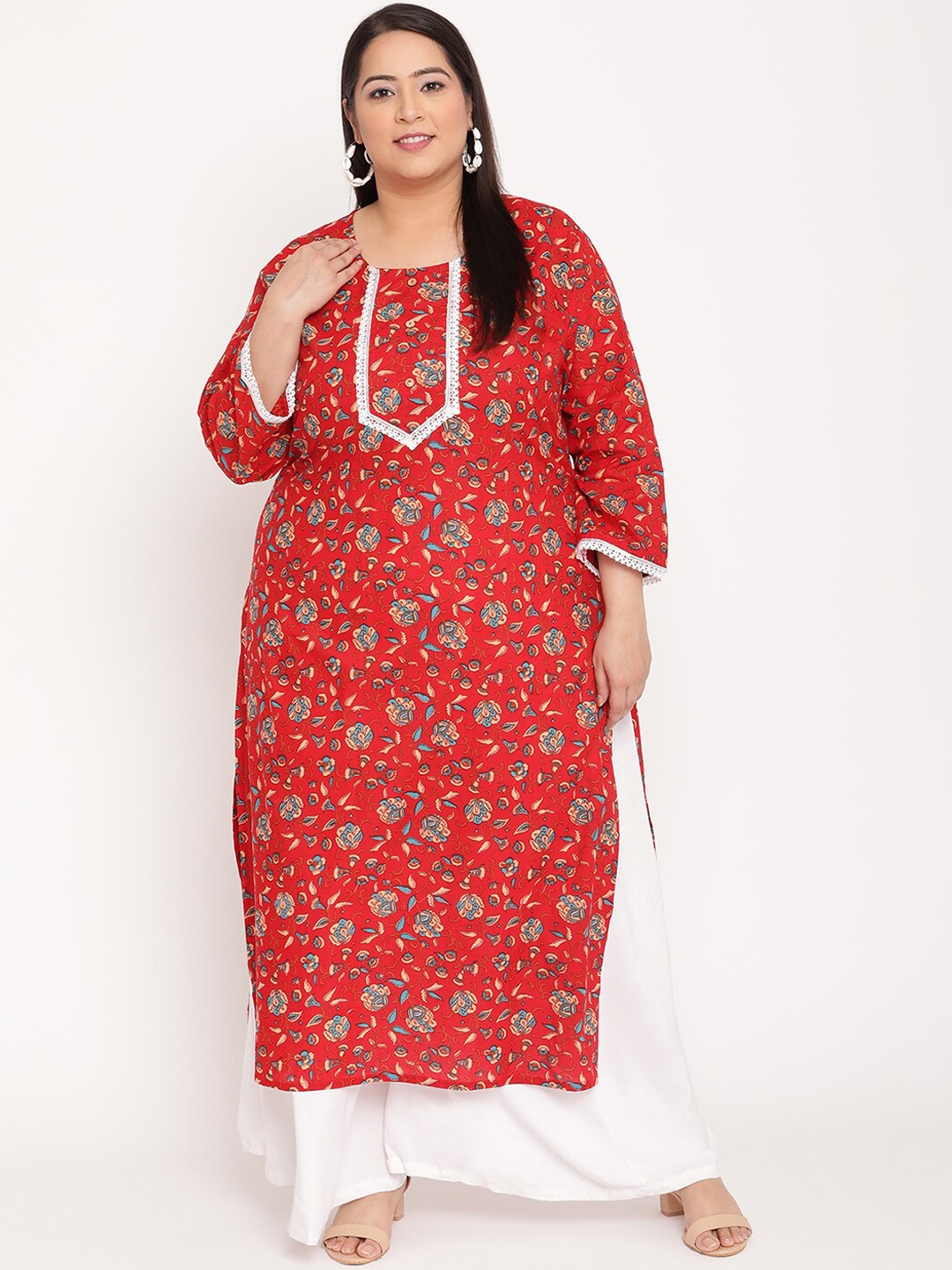 

Sringam Women Plus Size Red Ethnic Motifs Printed Kurta