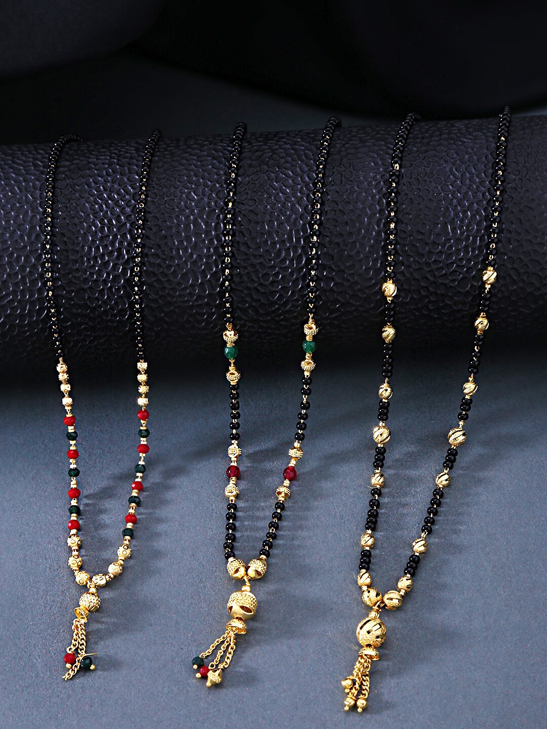 

Yellow Chimes Set Of 3 Gold-Plated Black Stone-Studded & Beaded Mangalsutra Set