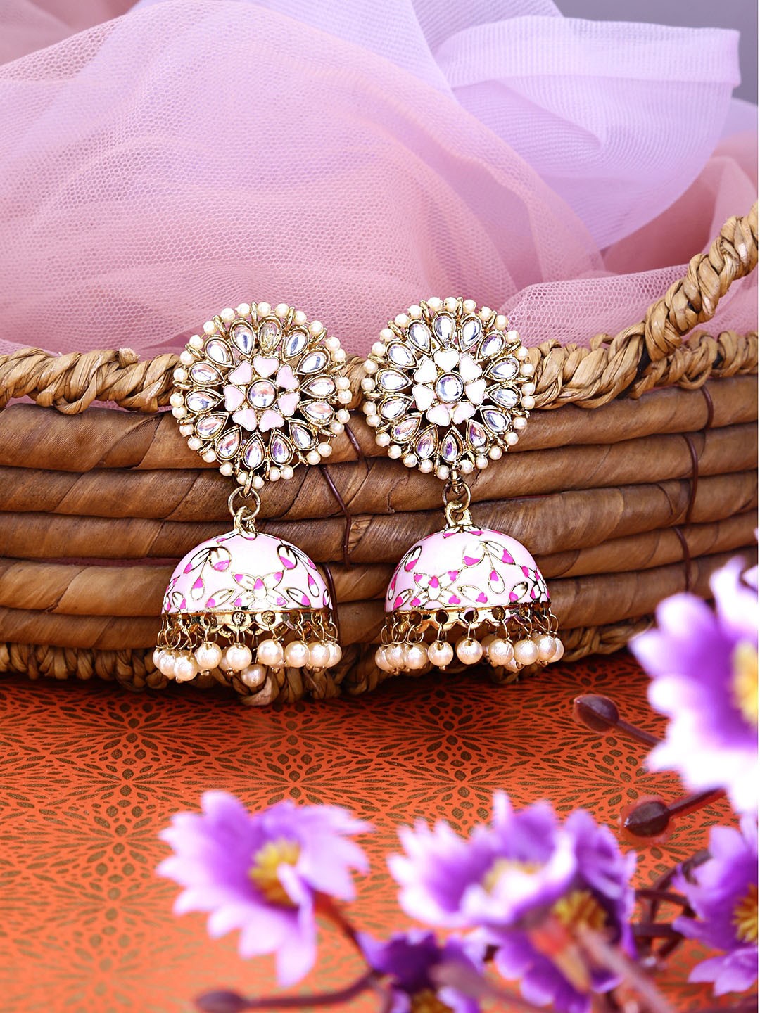 

Yellow Chimes Pink & Gold-toned Handcrafted Meenakari Jhumkas