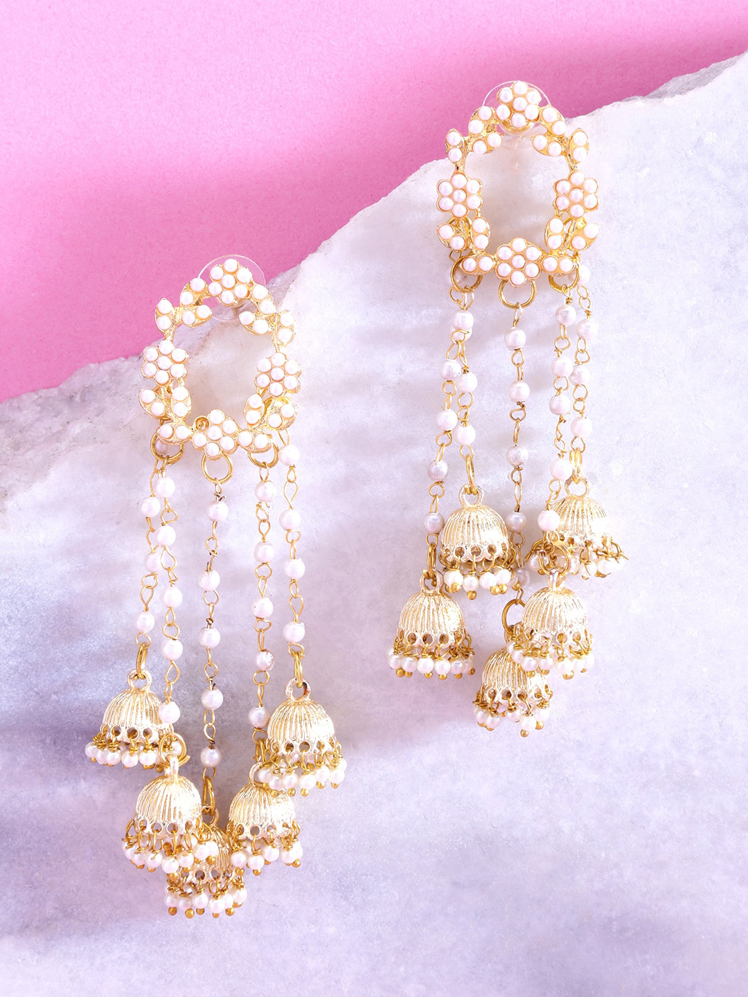 

Yellow Chimes Woman Gold plated Ethnic Design Studded Pearls Latkan Jhumka Earrings, White