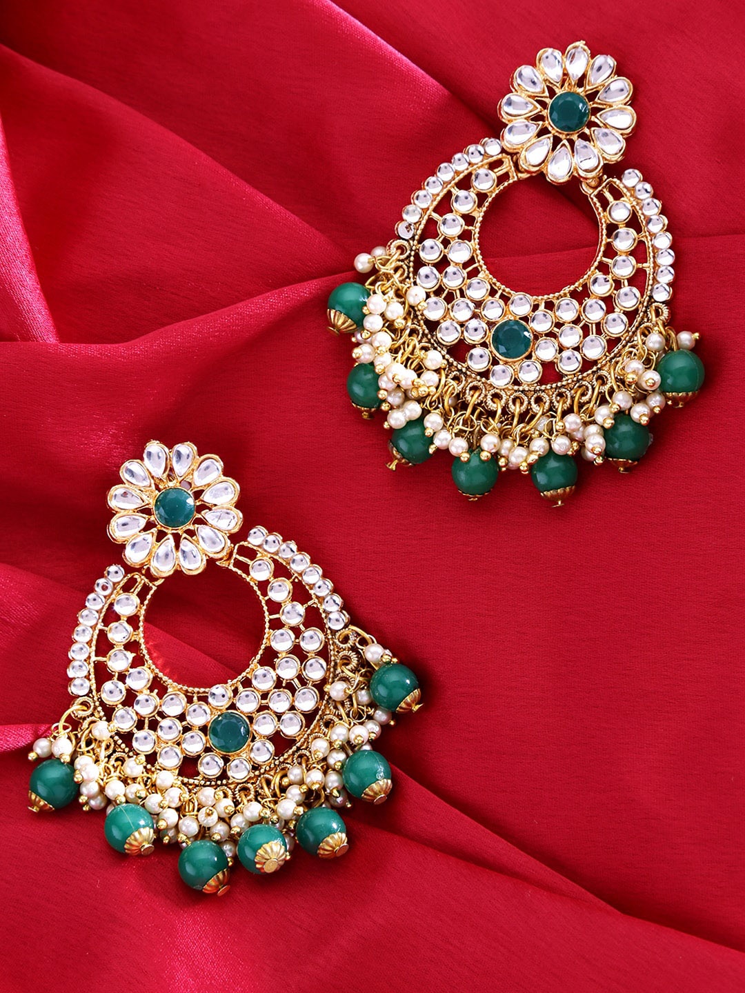 

Yellow Chimes Green & White Gold-Plated Classic Chandbalis Earrings