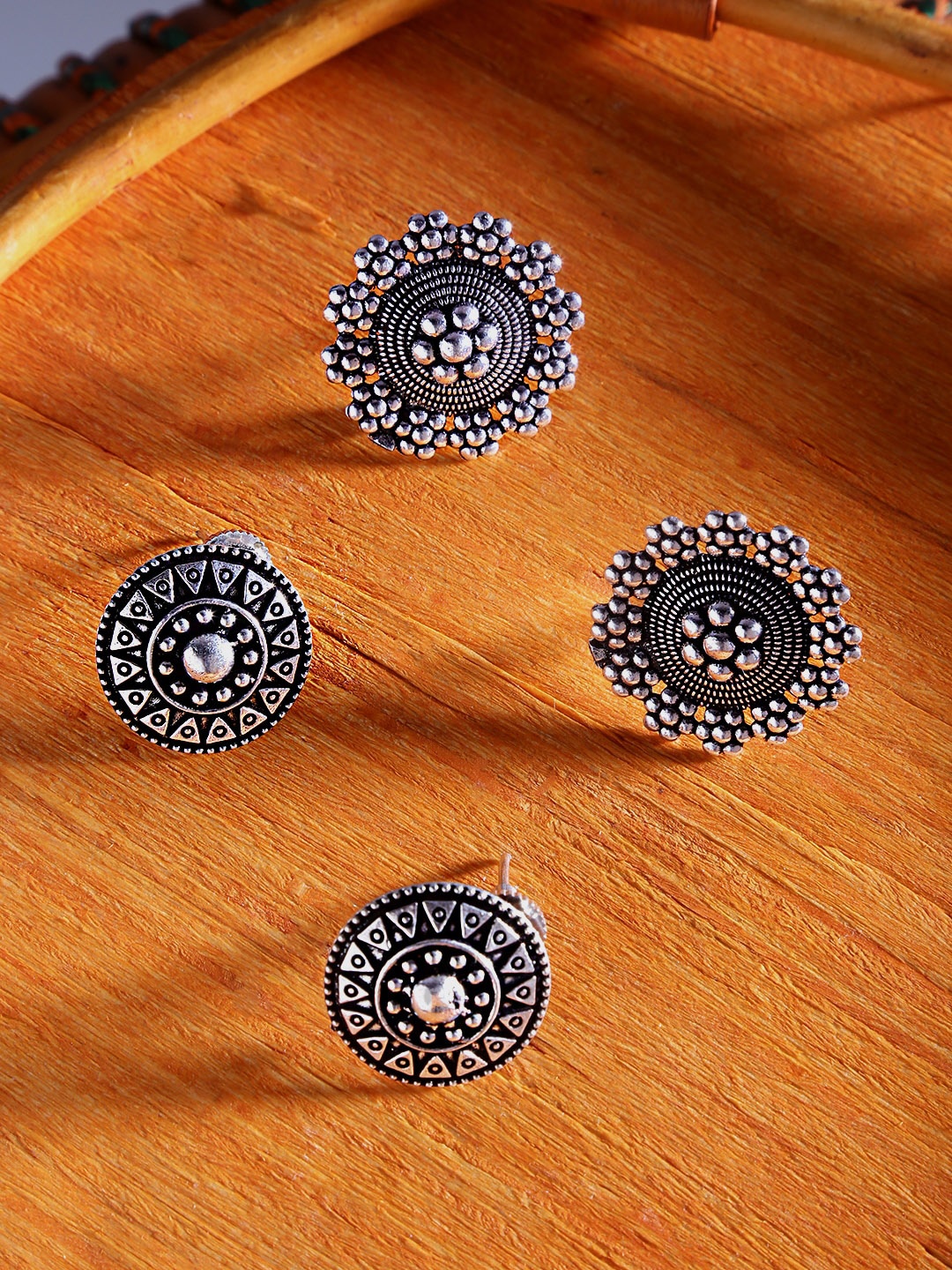 

Yellow Chimes Set Of 2 Silver-Toned Oxidised Circular Earrings