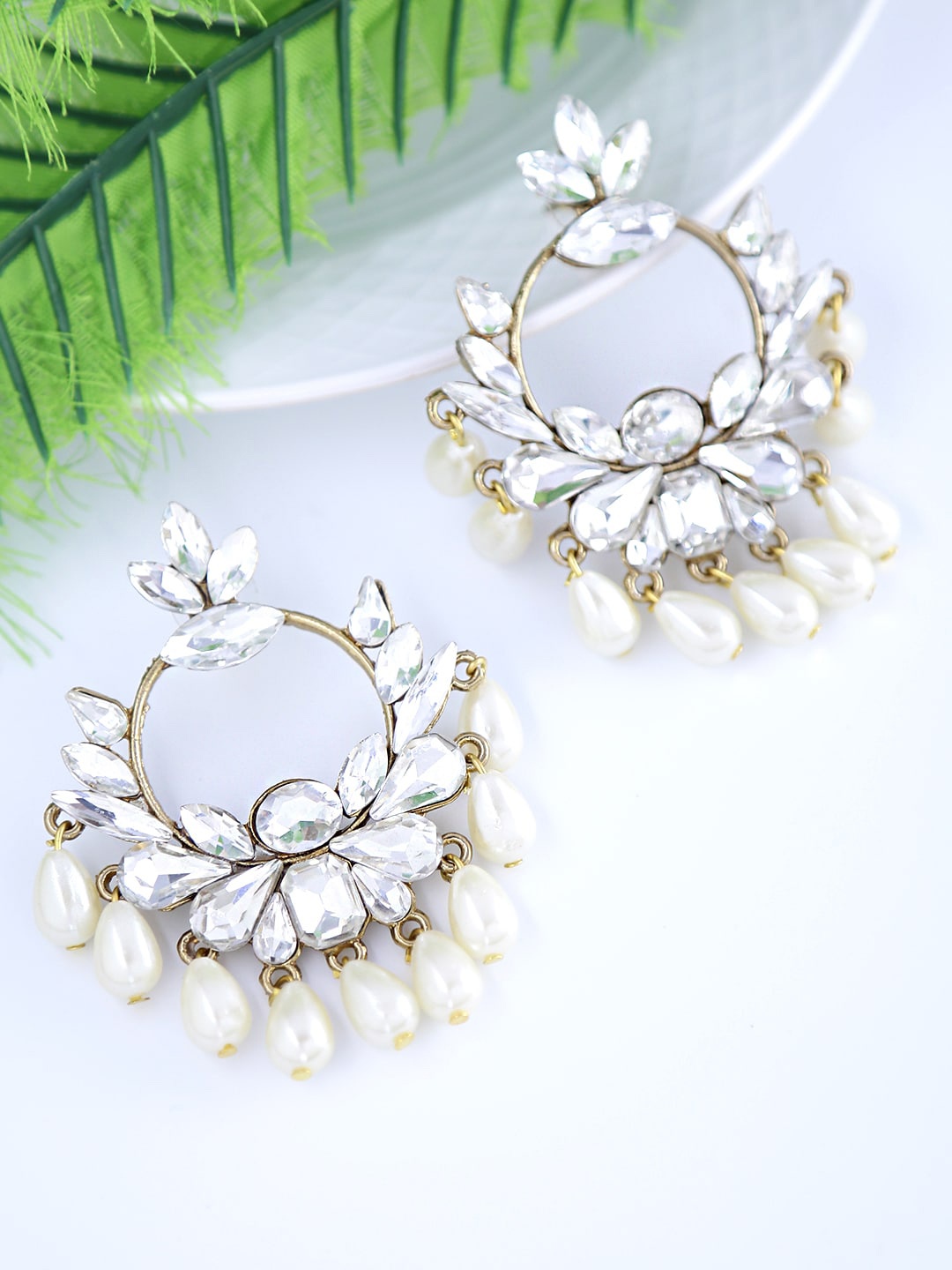 

Yellow Chimes Woman Gold Plated Ethnic Studded Stones Beads Traditional Chandbali Earrings, White