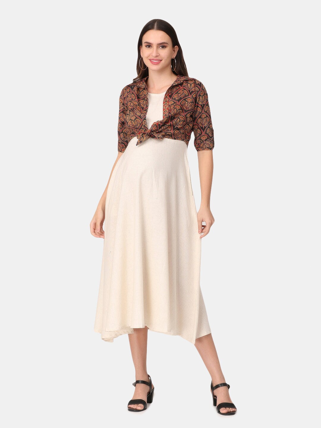 

The Mom Store Cream-Coloured & Black Maternity Midi Dress With Short Jacket