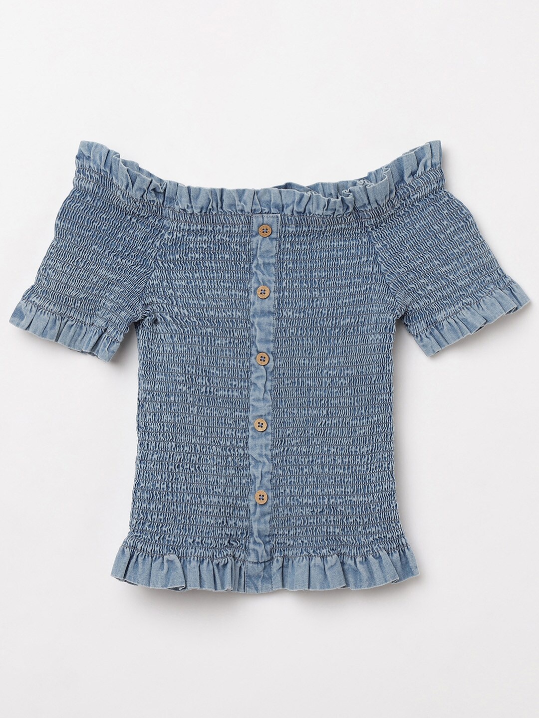 

Fame Forever by Lifestyle Girls Blue Off-Shoulder Ruffles Smocked Pure Cotton Bardot Top