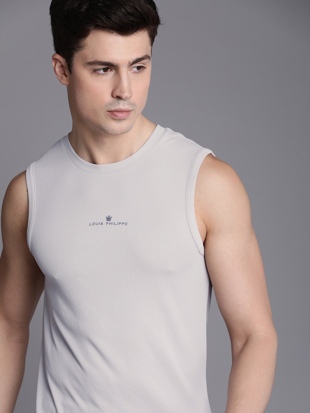 

Louis Philippe ATHPLAY Brand Logo Applique Slim Fit Sleeveless T-shirt, Grey