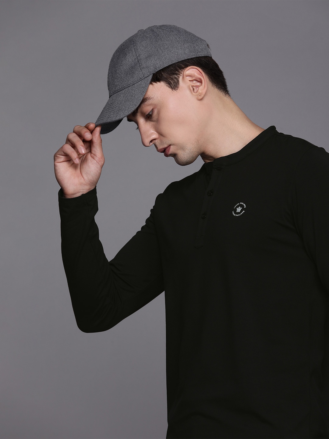 

Louis Philippe ATHPLAY Men Black Solid Henley Neck Applique Slim Fit T-shirt