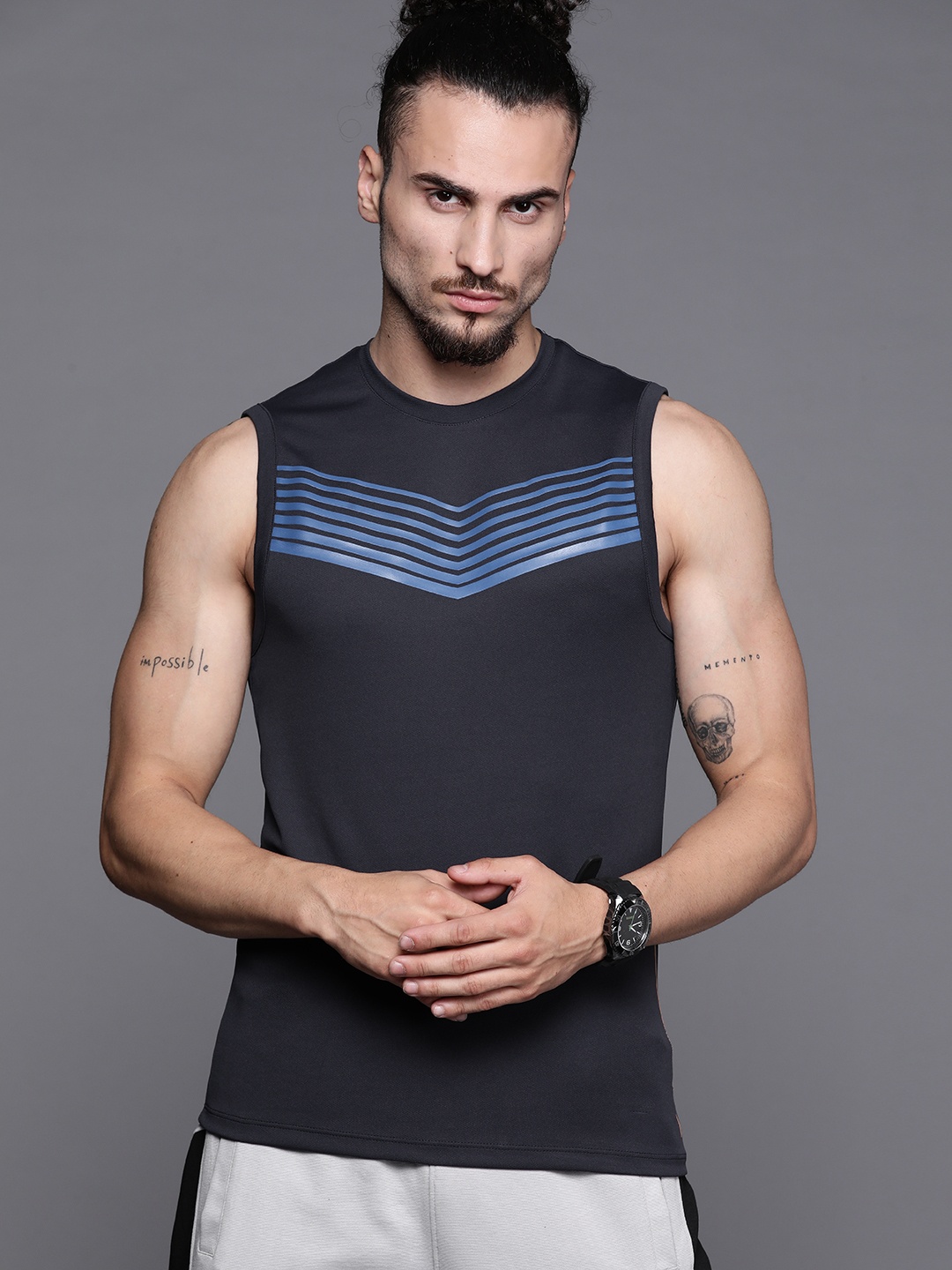 

Louis Philippe ATHPLAY Men Navy Blue Chevron Print T-shirt