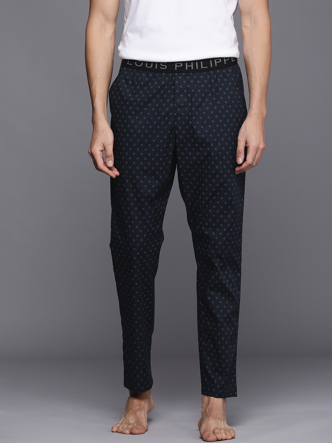 

Louis Philippe ATHPLAY Men Navy Blue & White Printed Pure Cotton Lounge pants