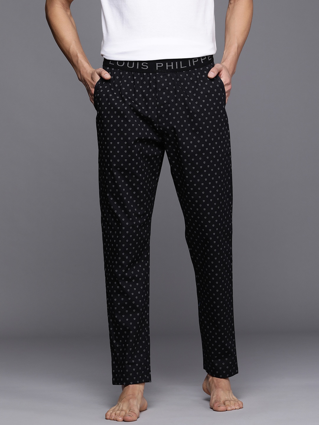 

Louis Philippe ATHPLAY Men Black & White Printed Pure Cotton Lounge pants