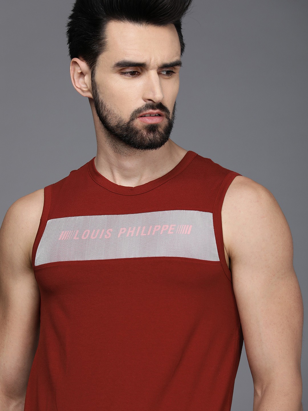 

Louis Philippe ATHPLAY Men Maroon & Orange Printed Slim Fit T-shirt