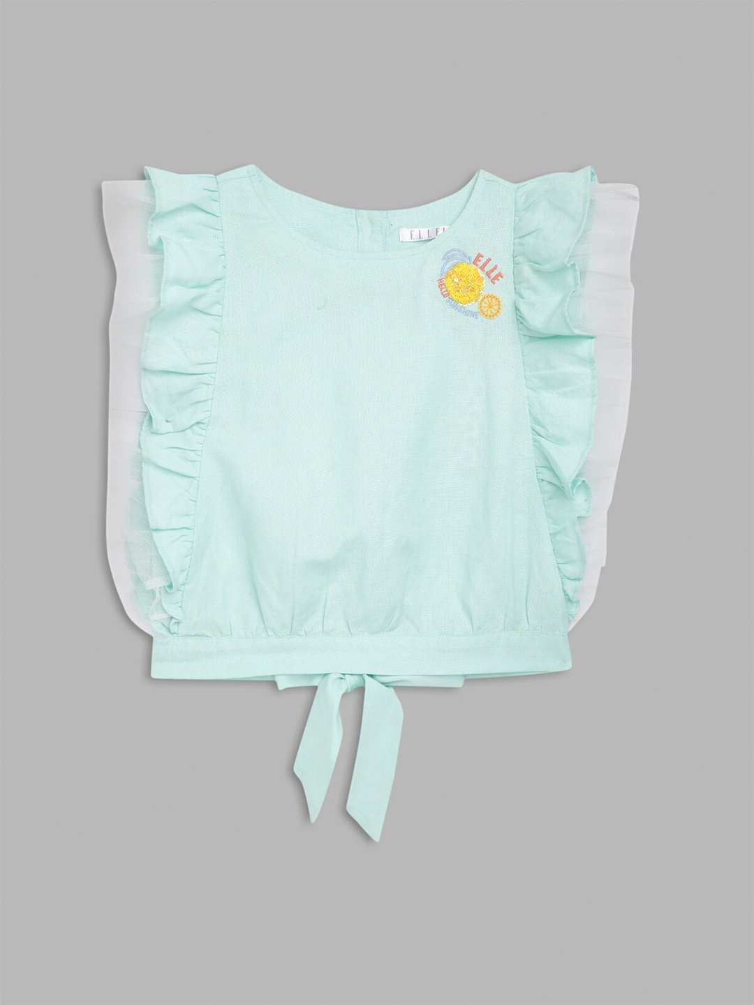 

ELLE Girls Green Solid Pure Cotton Blouson Top With Ruffles