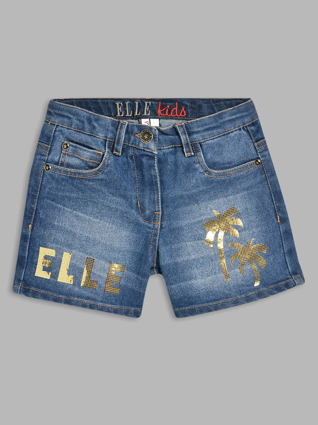 

ELLE Girls Blue Printed Washed Regular-Fit Pure Cotton Denim Shorts