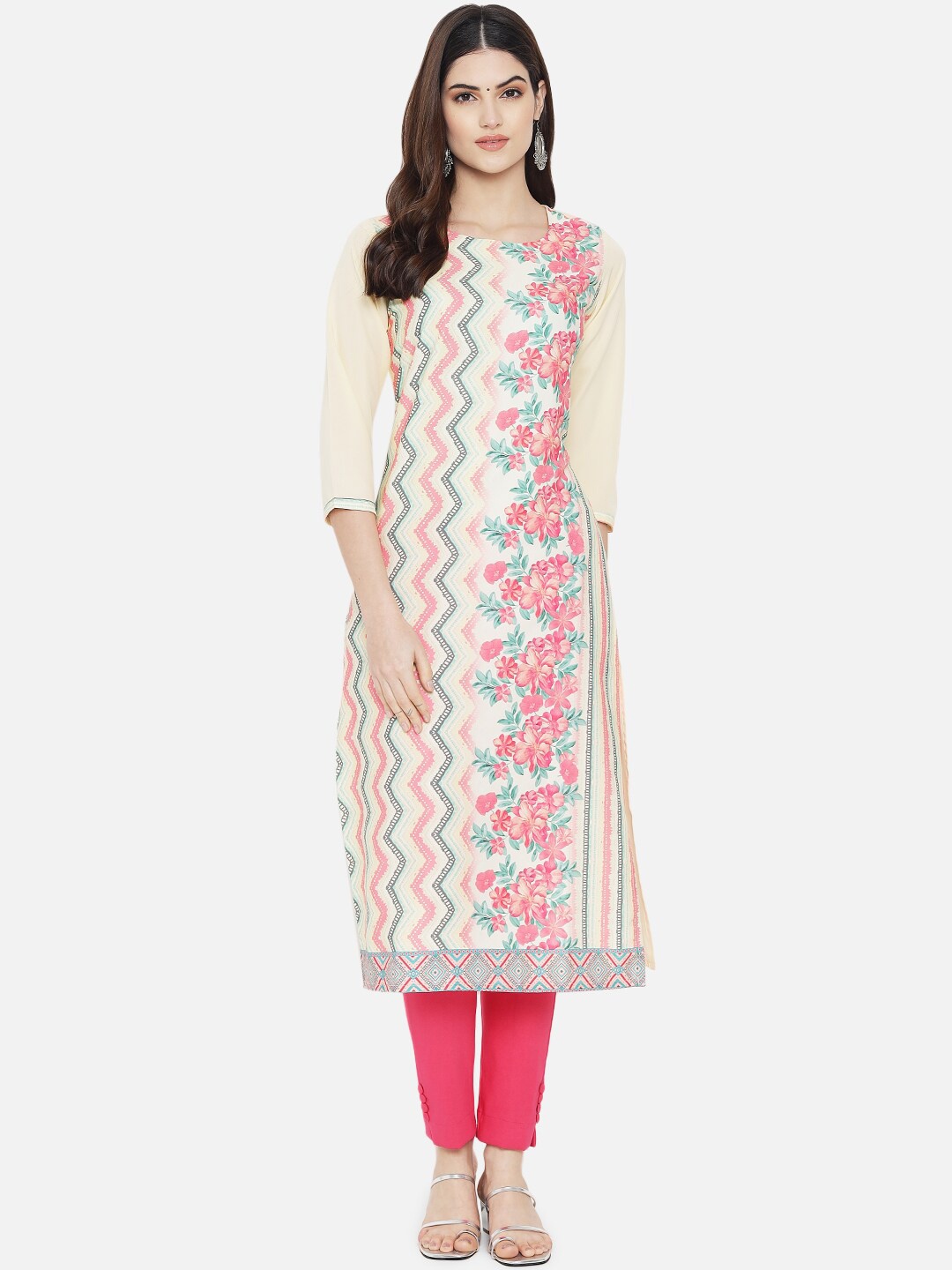 

Ethnic basket Women Cream-Coloured & Pink Floral Printed Crepe Kurta