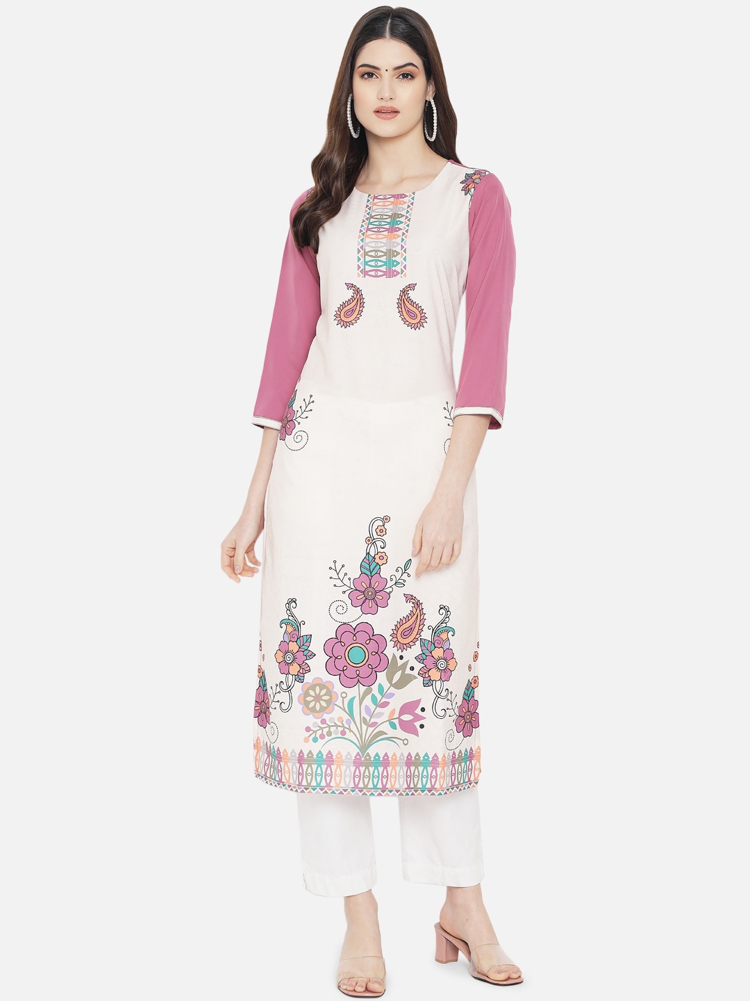 

Ethnic basket Women Cream-Coloured Ethnic Motifs Printed Crepe Kurta