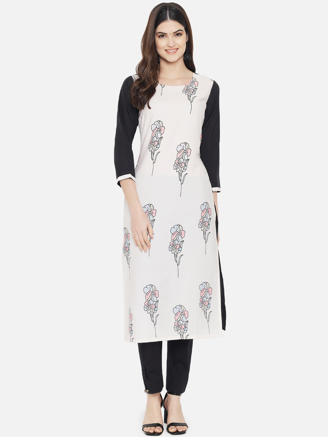 

Ethnic basket Women Off White & Black Floral Printed Crepe Kurta