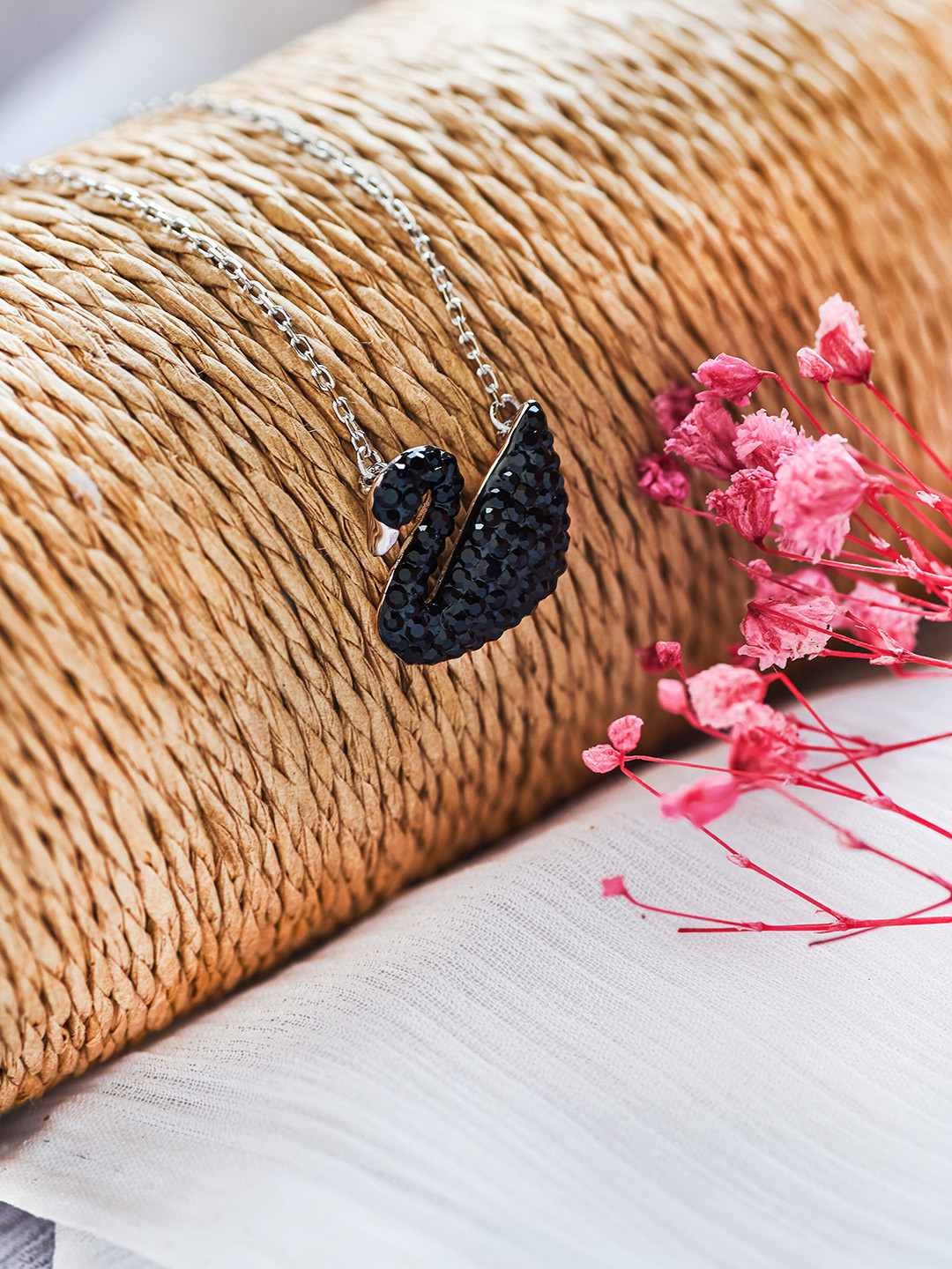 

SILBERRY Rhodium-Plated Black CZ-Studded Pendant With Chain, Silver