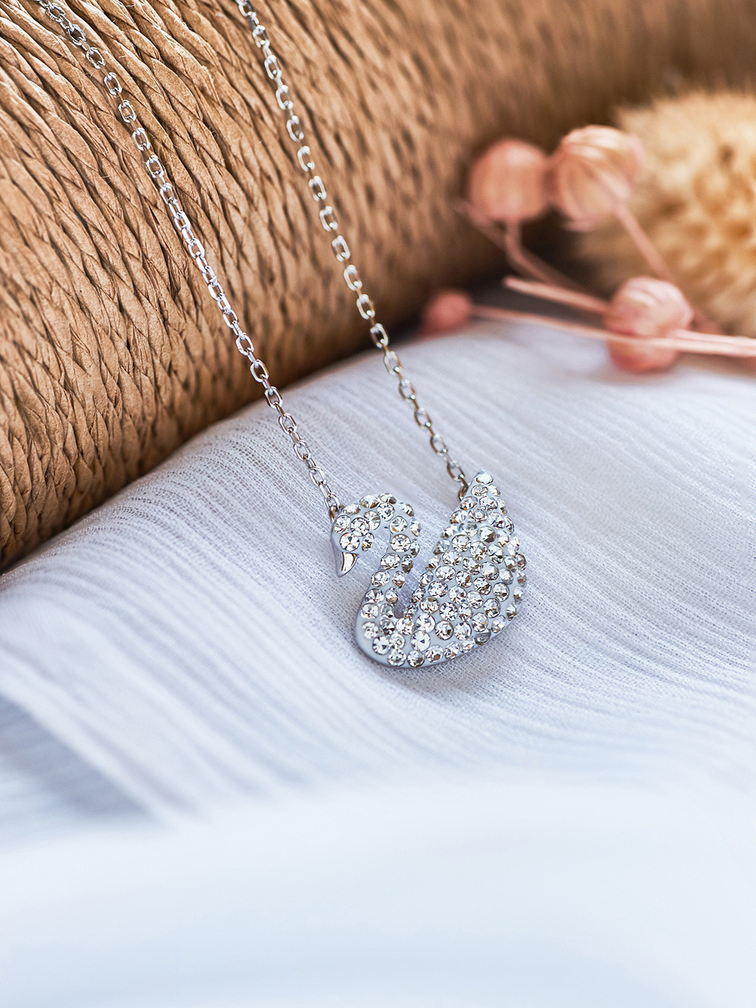 

SILBERRY Silver Rhodium-Plated Crystals Studded Swan-Shaped Pendant With Chain