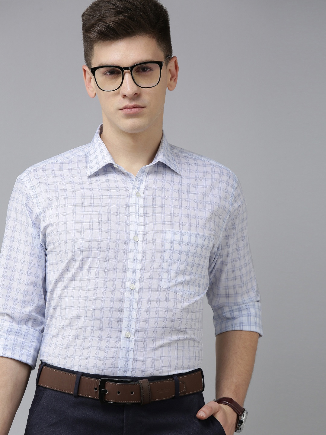 

Park Avenue Men Blue & White Slim Fit Checked Pure Cotton Formal Shirt
