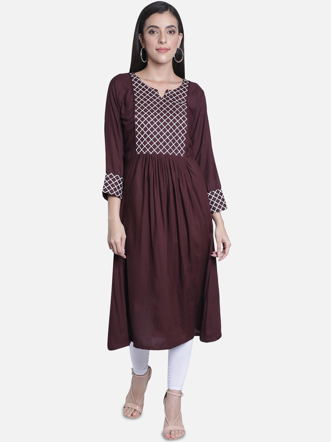 

Fabclub Women Brown Geometric Yoke Design Thread Work A-Line Kurta