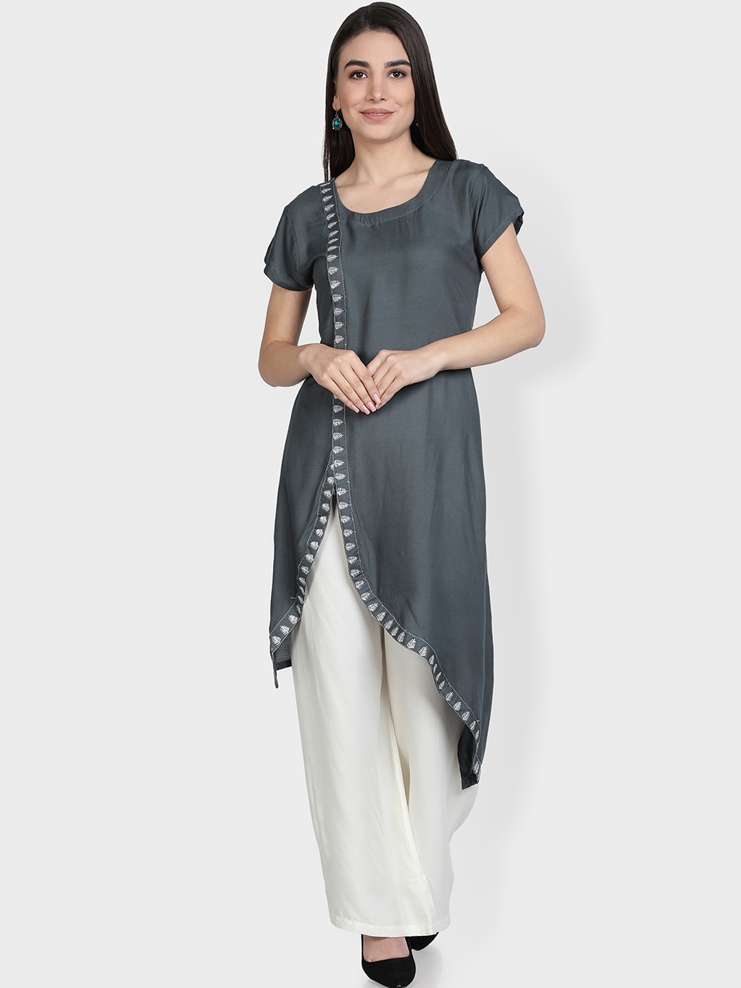 

Fabclub Women Grey Embroidered Thread Work Asymmetric Kurta