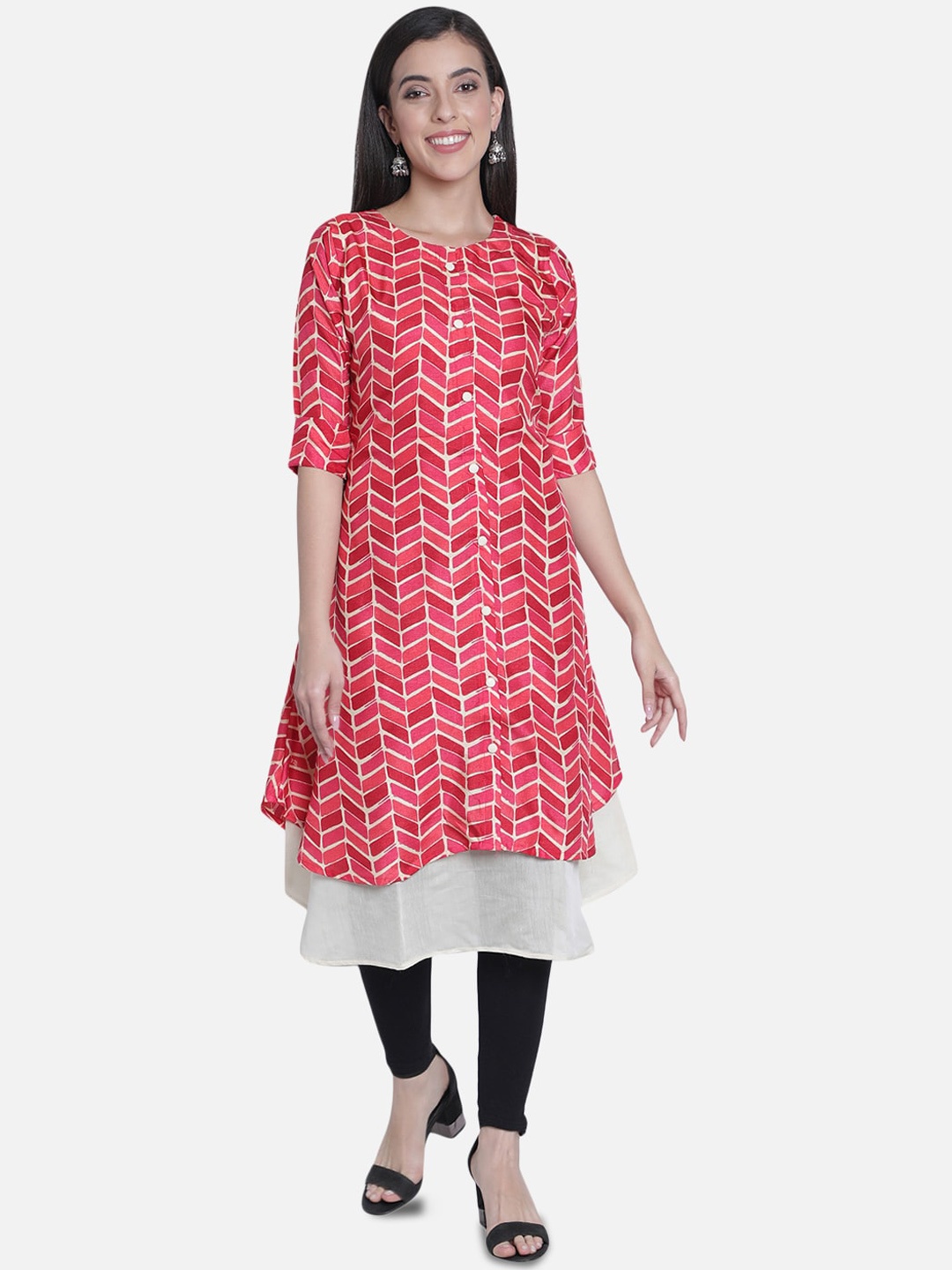 

Fabclub Women Pink Geometric Printed Keyhole Neck Kurta