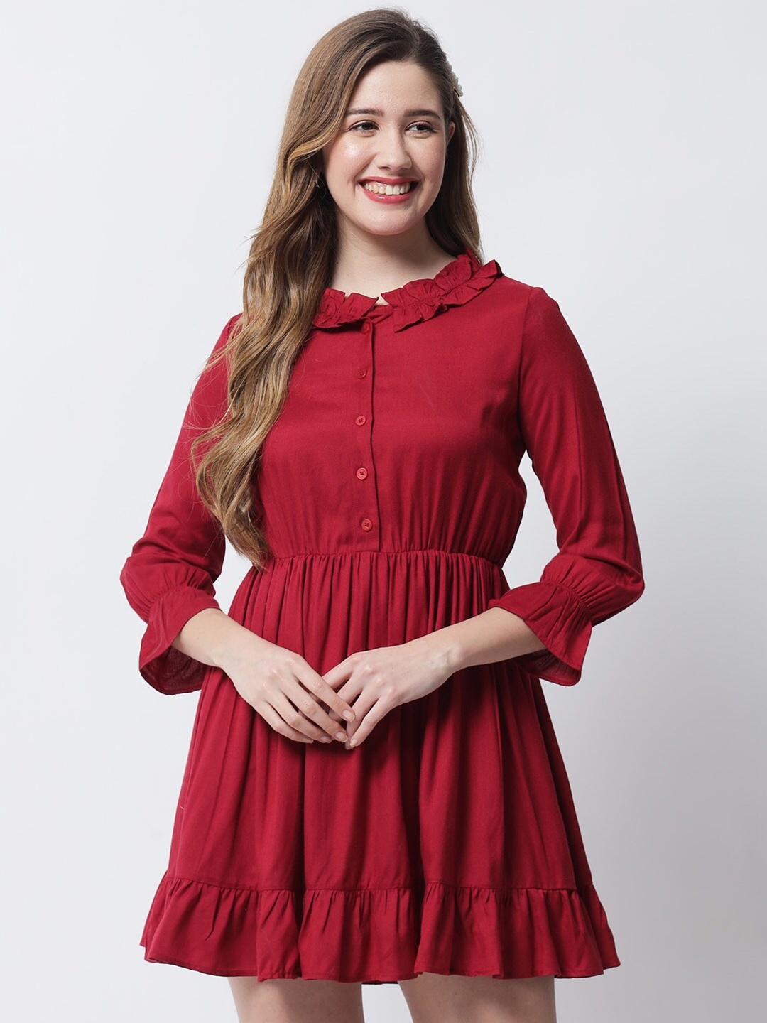 

VANCA ECO Red Solid Mini Fit & Flare Dress With Gathered Detailing