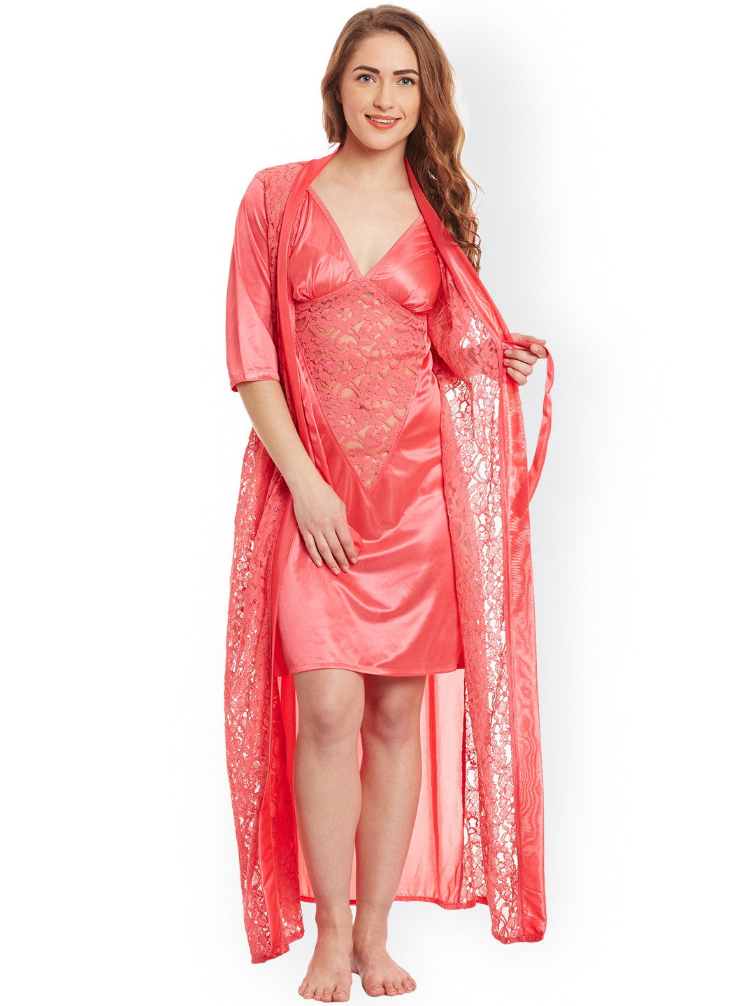 

Claura Peach Pink Lace Satin Nightdress with Lace Robe ST-17