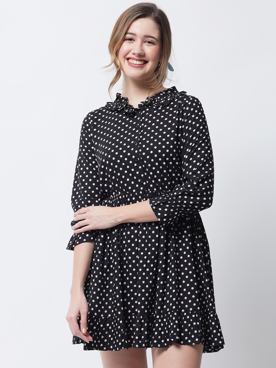 

VANCA ECO Black Polka Dots Print Fit & Flare Mini Dress